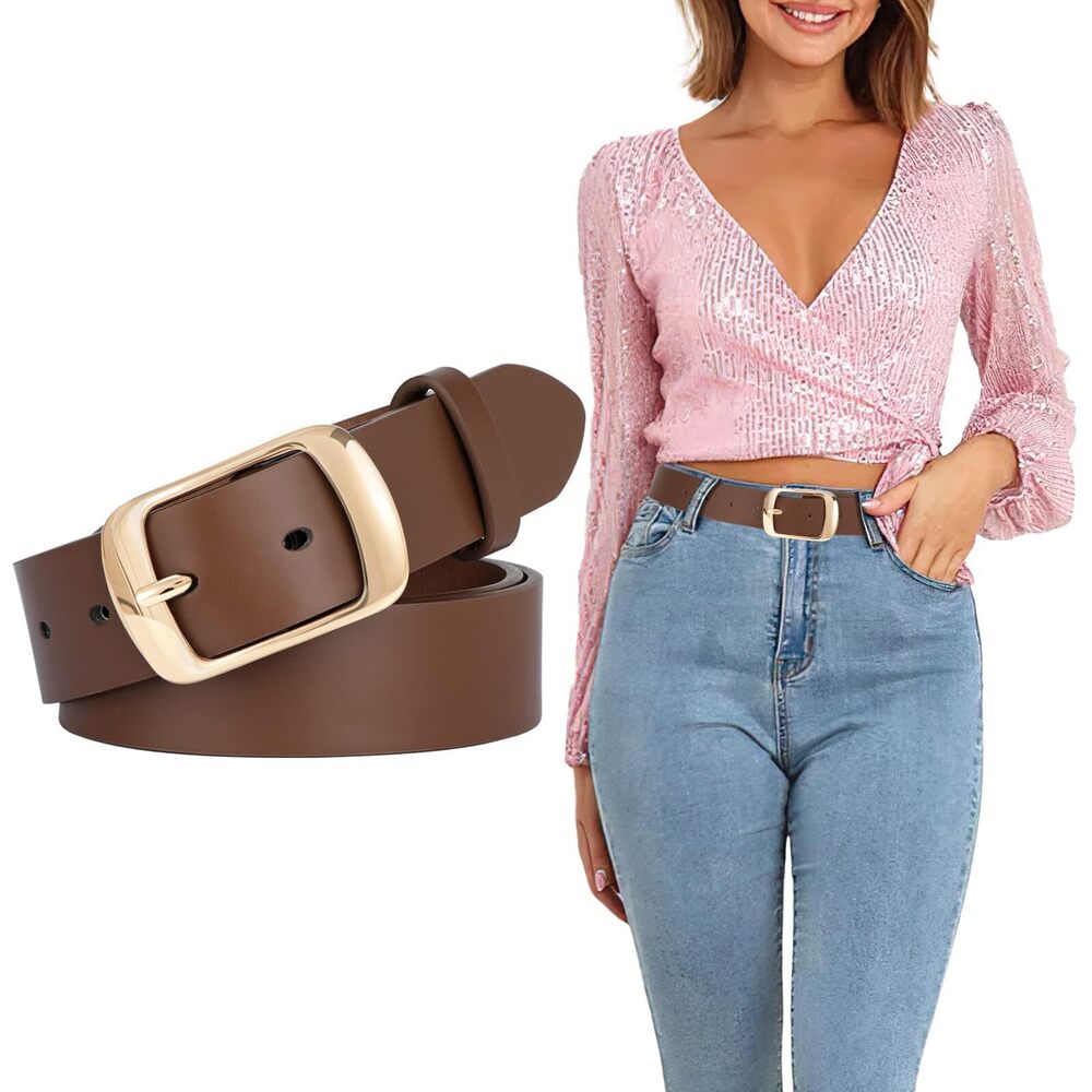 5956 Fashion Womens Leather Belt, Soft Waist Belt With Gold Pin Buckle